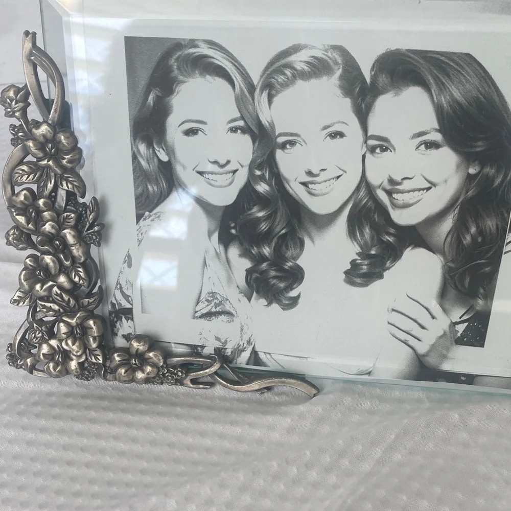 Silver Pewter Floral Double Glass Photo Frame